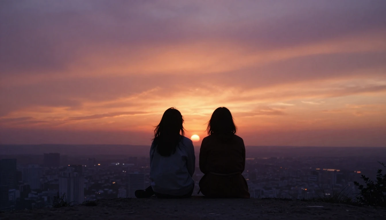 Two silhouettes of best friends sitting on a cliff edge over...