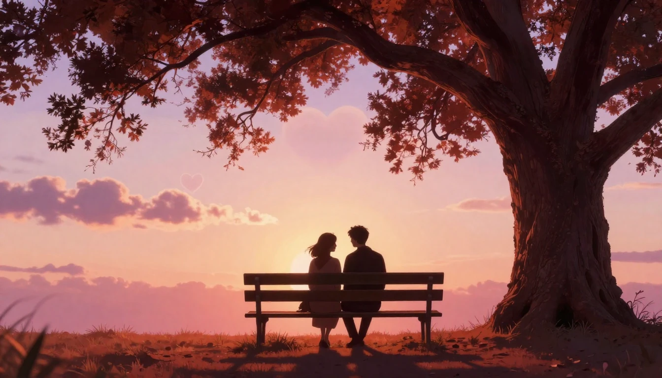A romantic and dreamy scene featuring two silhouettes sittin...