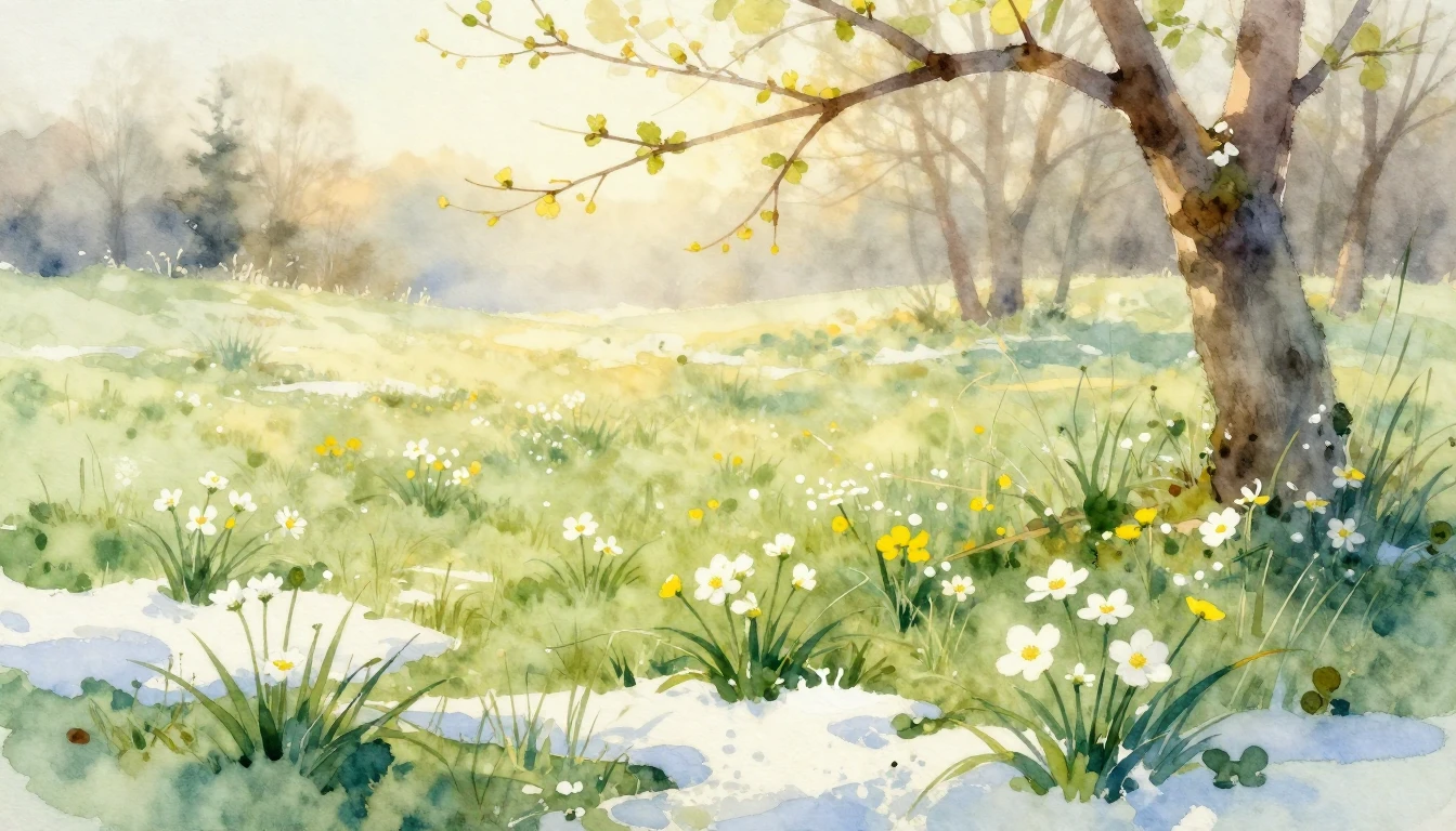 A delicate watercolor painting of a meadow at dawn. Tiny whi...