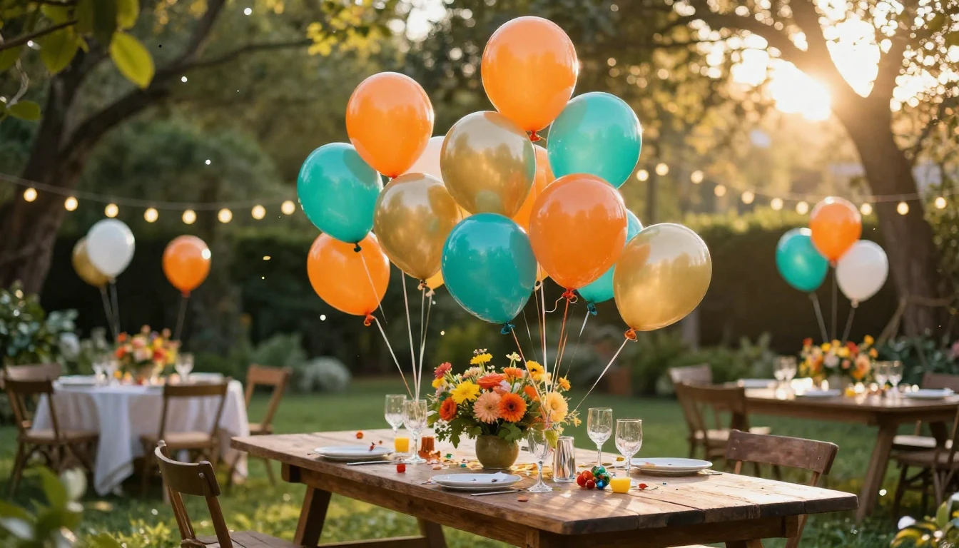 A festive outdoor scene captured at a golden hour garden par...