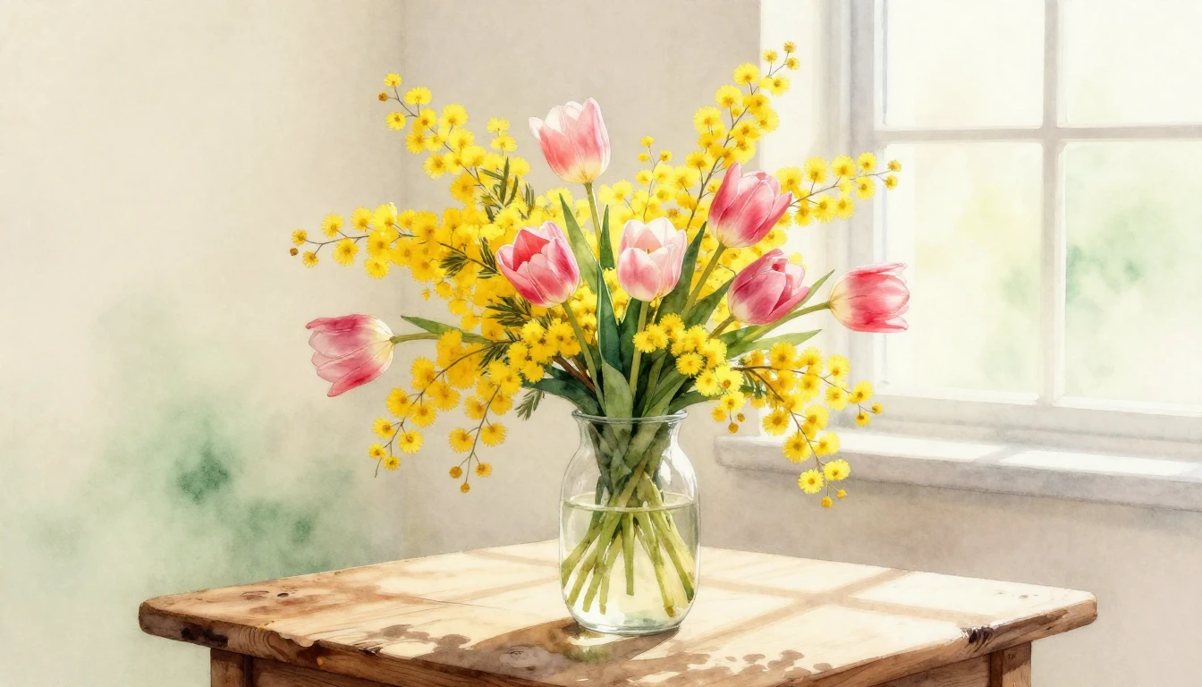 A delicate watercolor painting of a vibrant spring bouquet f...