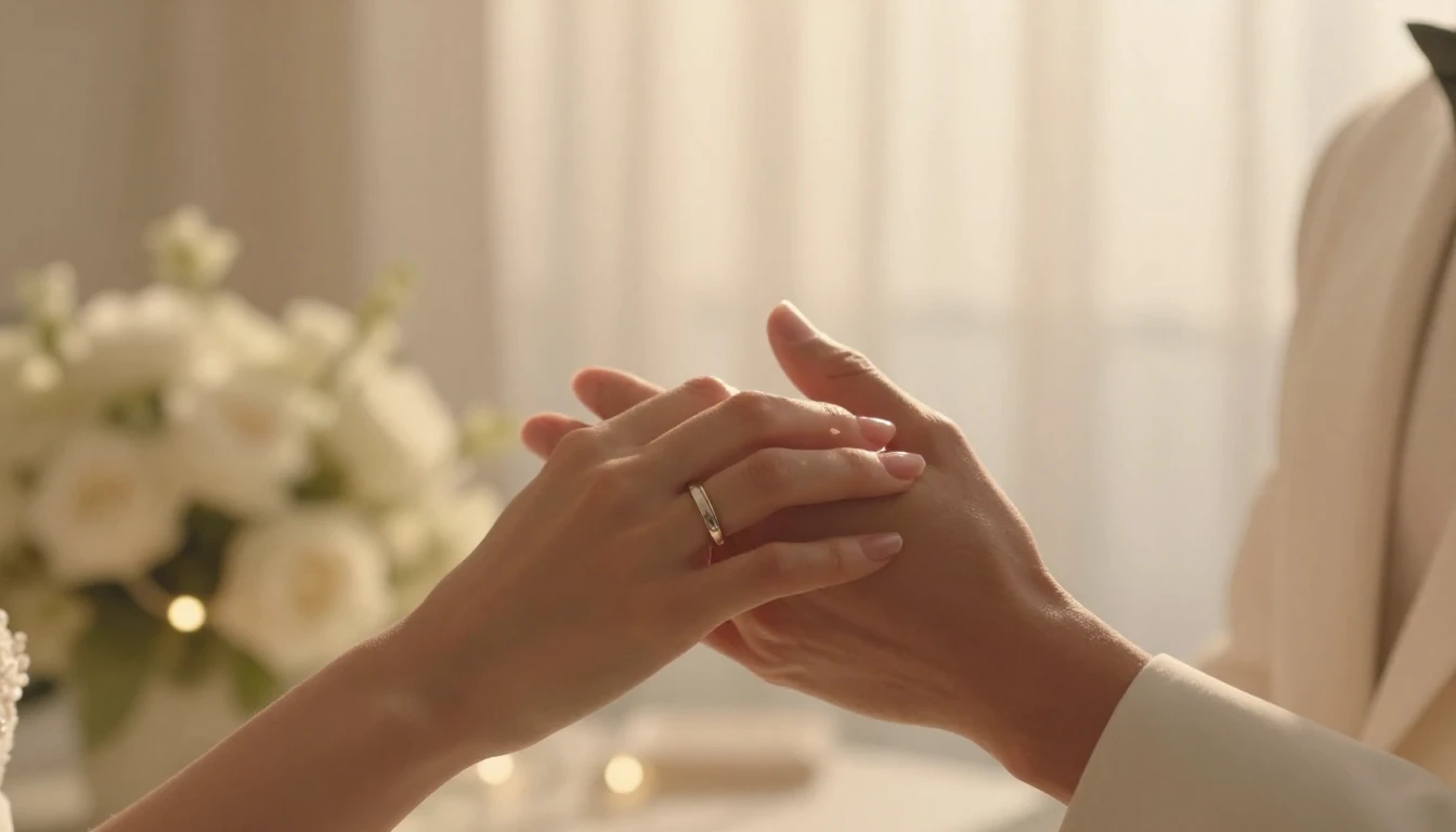 A cinematic close-up shot of a newlywed couple's hands gentl...