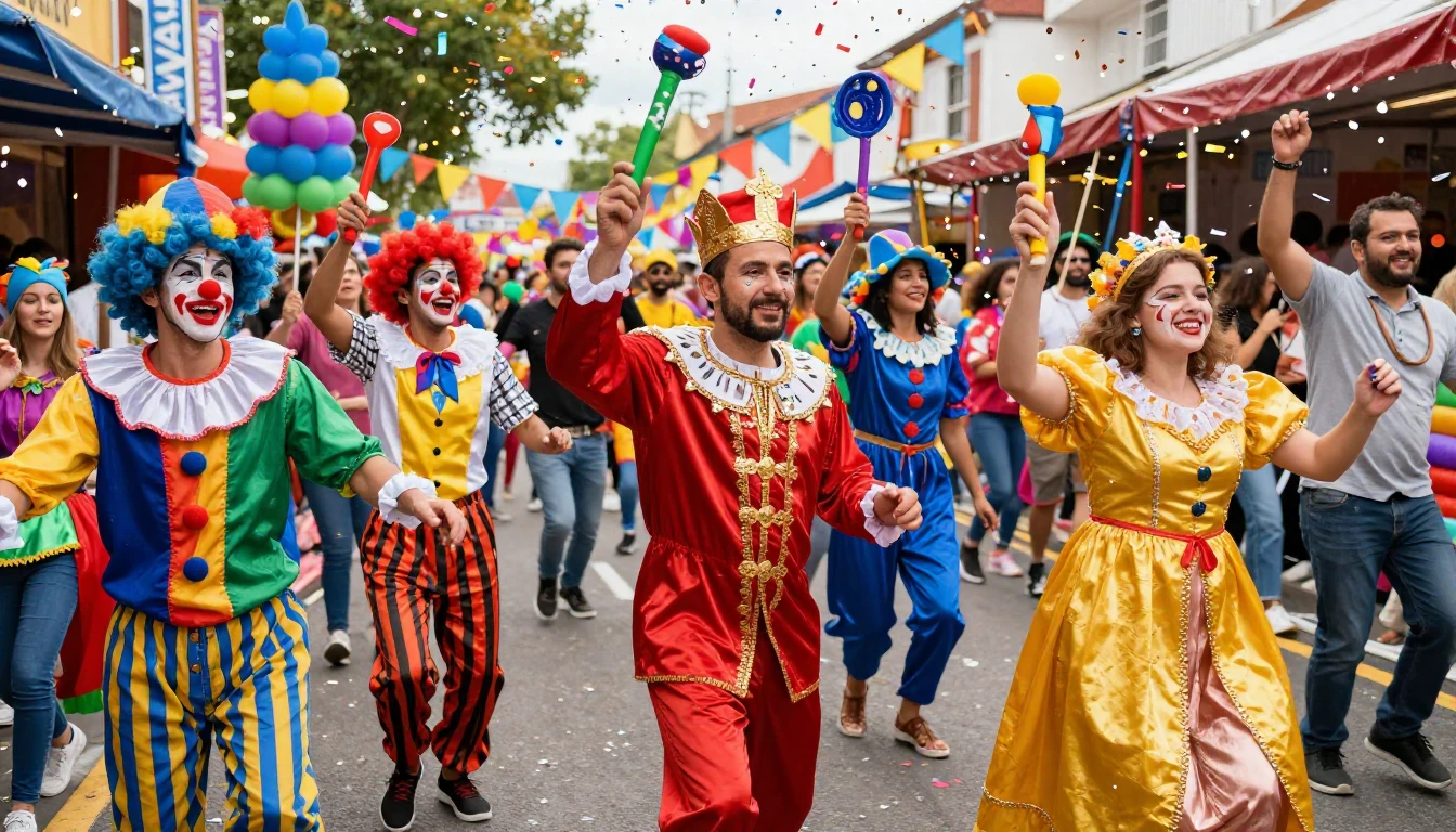 A vibrant and energetic scene of a Purim street carnival cel...