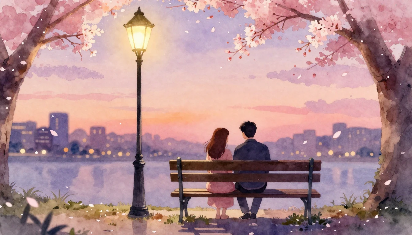 A romantic scene of a couple sitting on a vintage park bench...