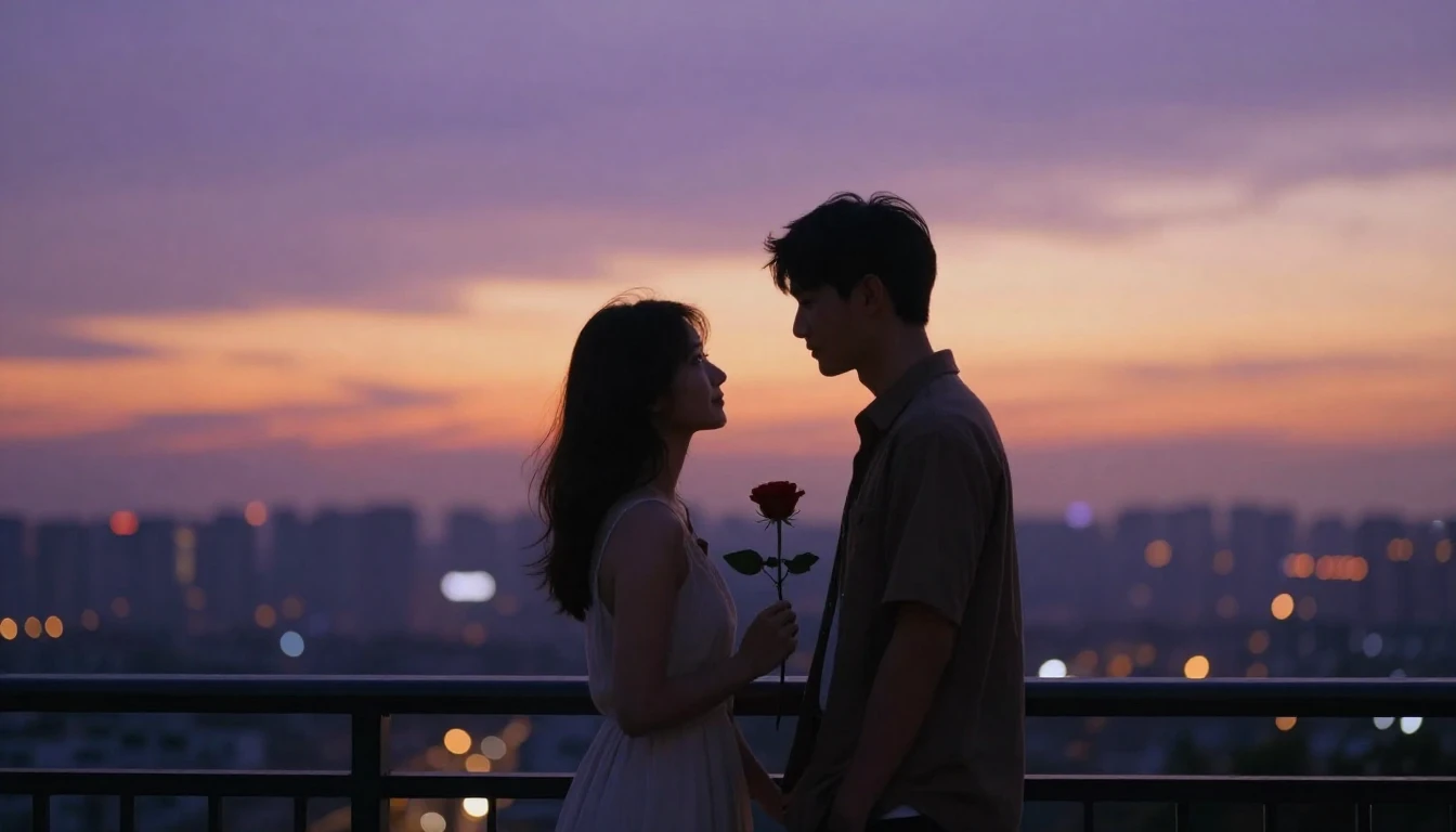 A cinematic shot of a romantic couple standing on a balcony ...