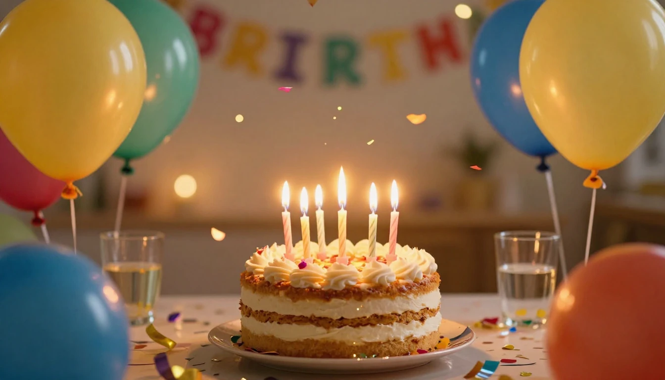 A vibrant and festive birthday party atmosphere, a beautiful...