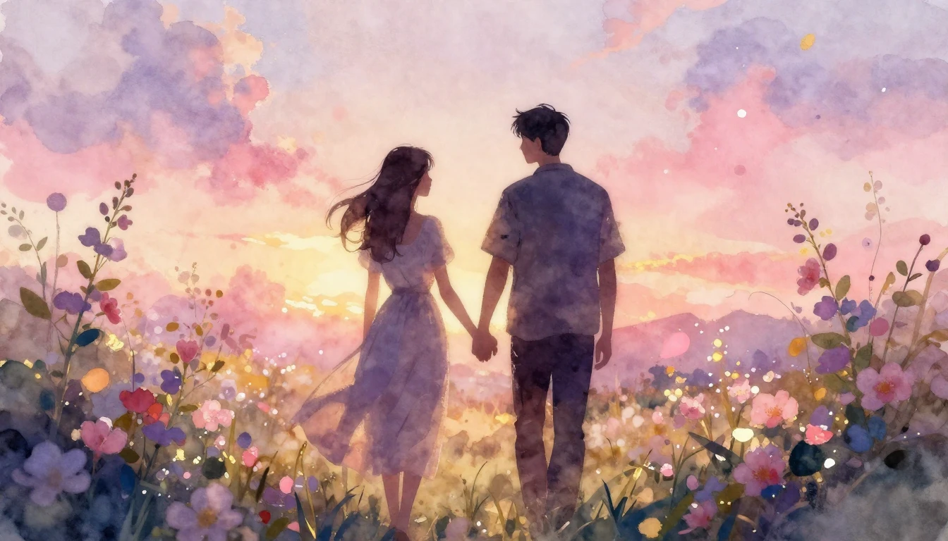 A soft watercolor painting of two silhouettes walking hand-i...