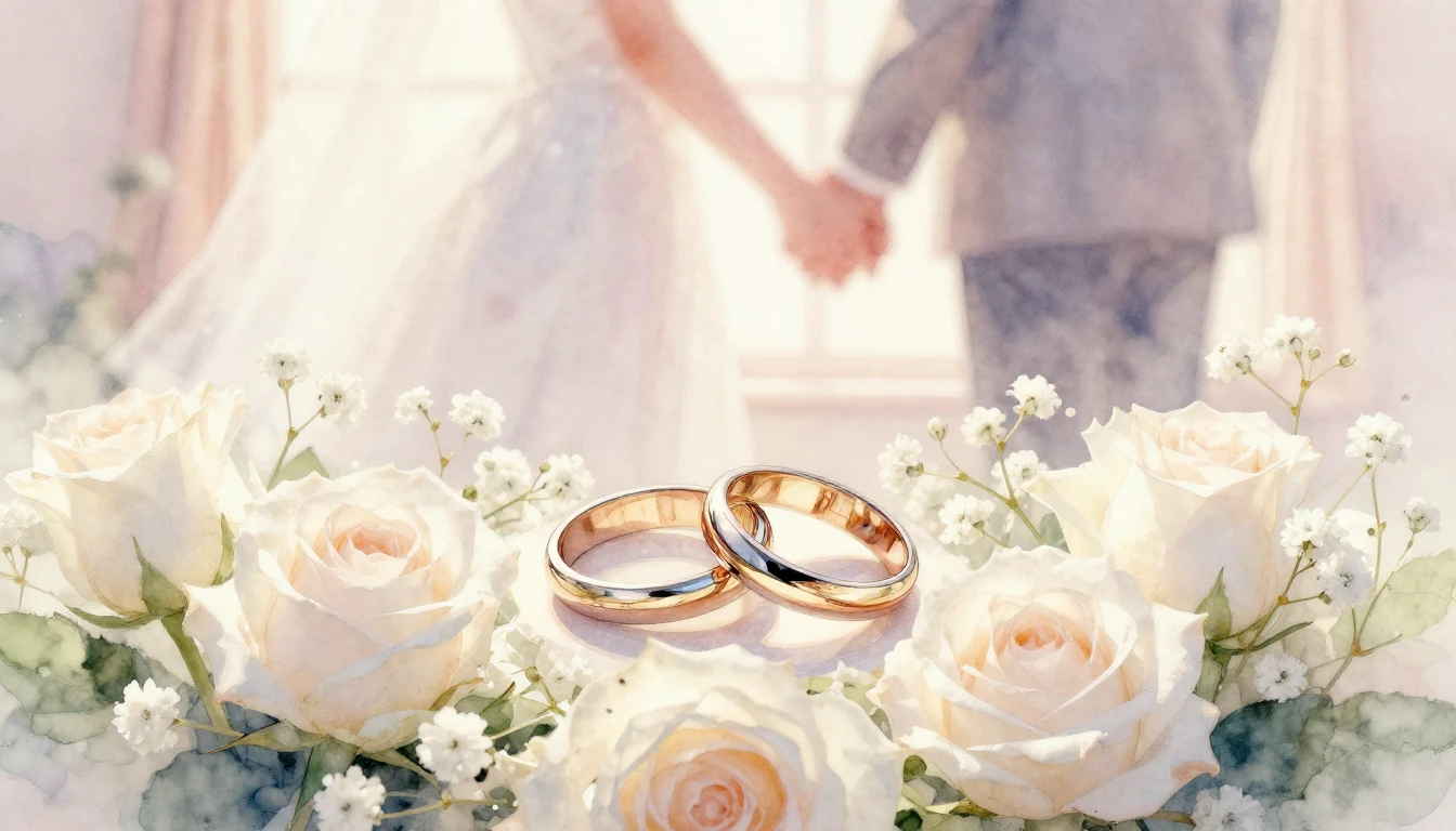 A soft and romantic watercolor painting depicting a pair of ...