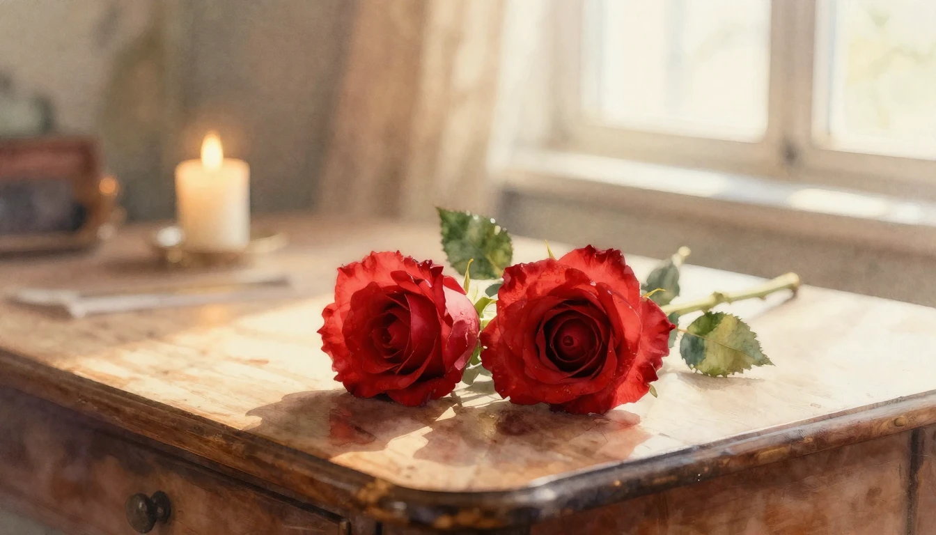 A delicate watercolor painting of two intertwined red roses ...