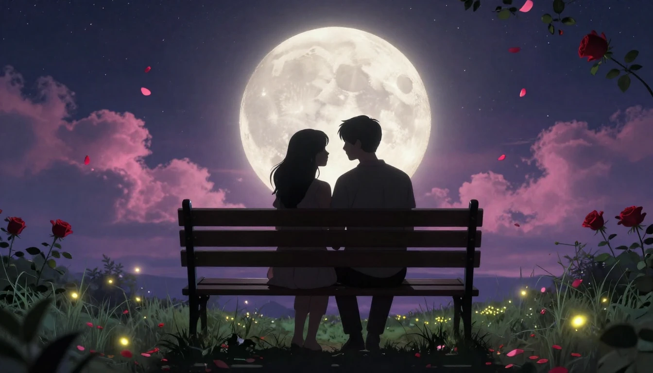 A romantic scene featuring a silhouette of a couple sitting ...