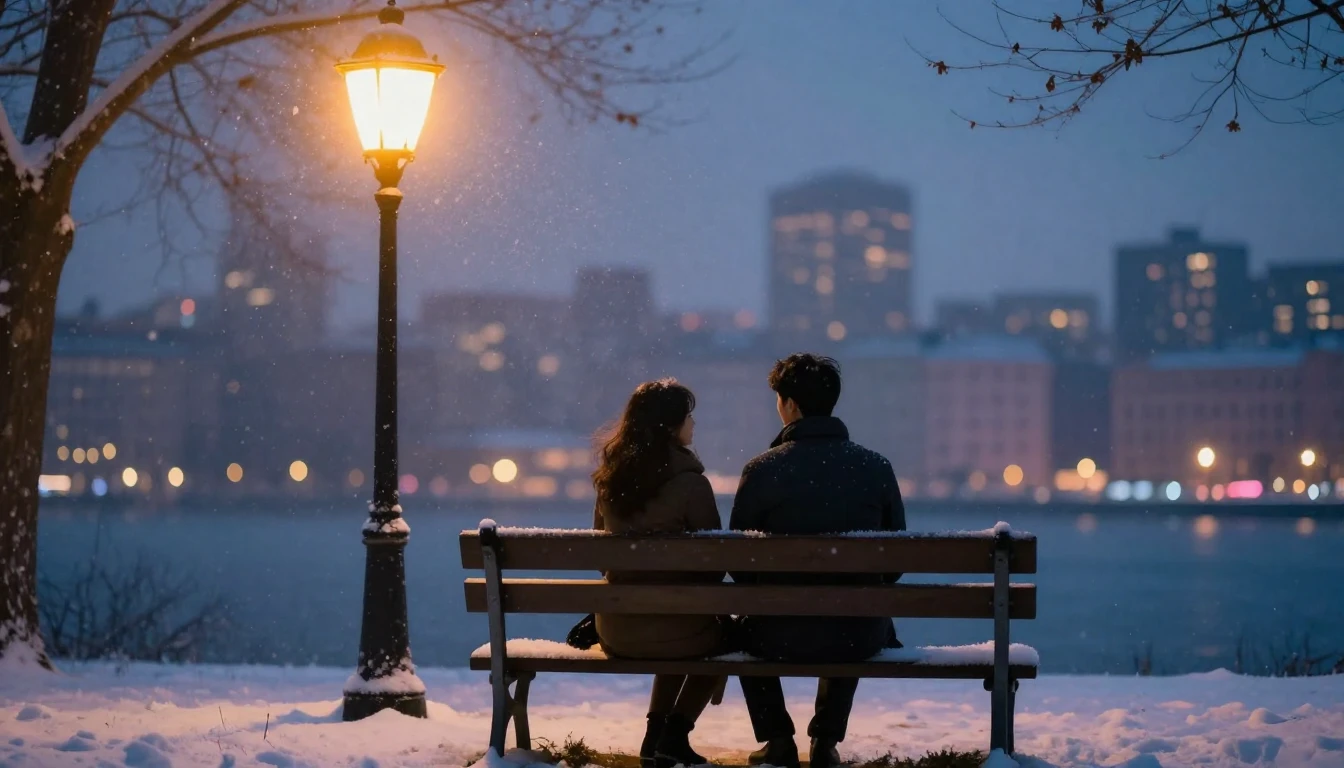 A romantic, soft composition showing two silhouettes sitting...