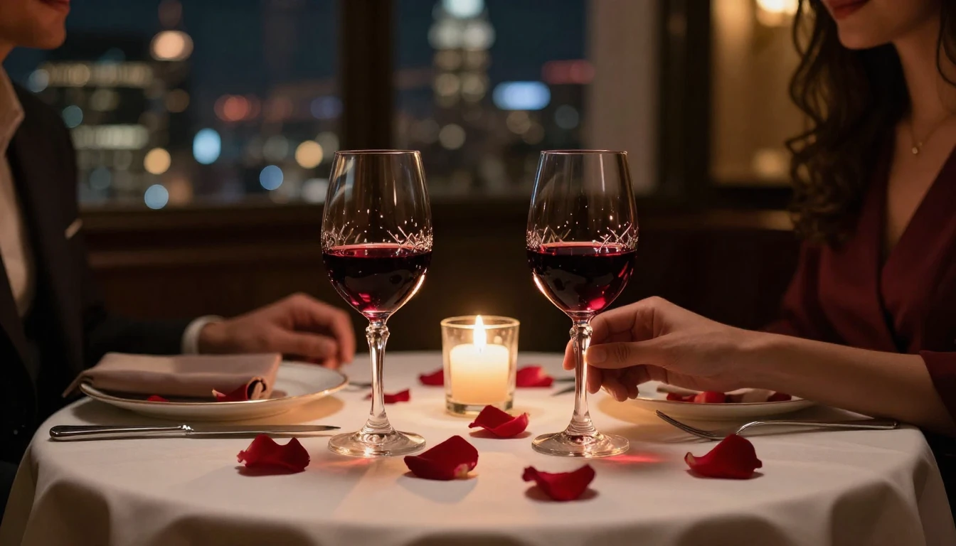 A close-up shot of a beautifully set dinner table for two in...