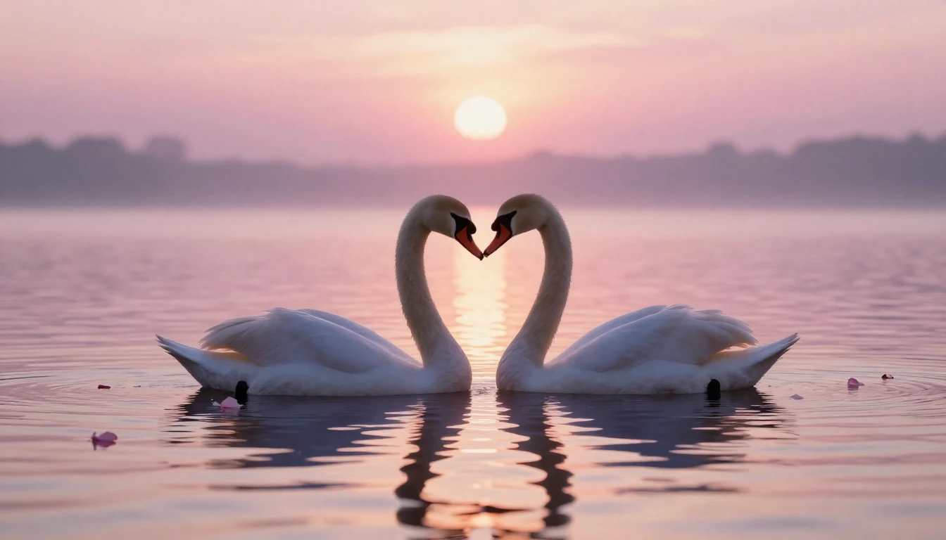 A dreamy and romantic scene featuring two silhouettes of swa...