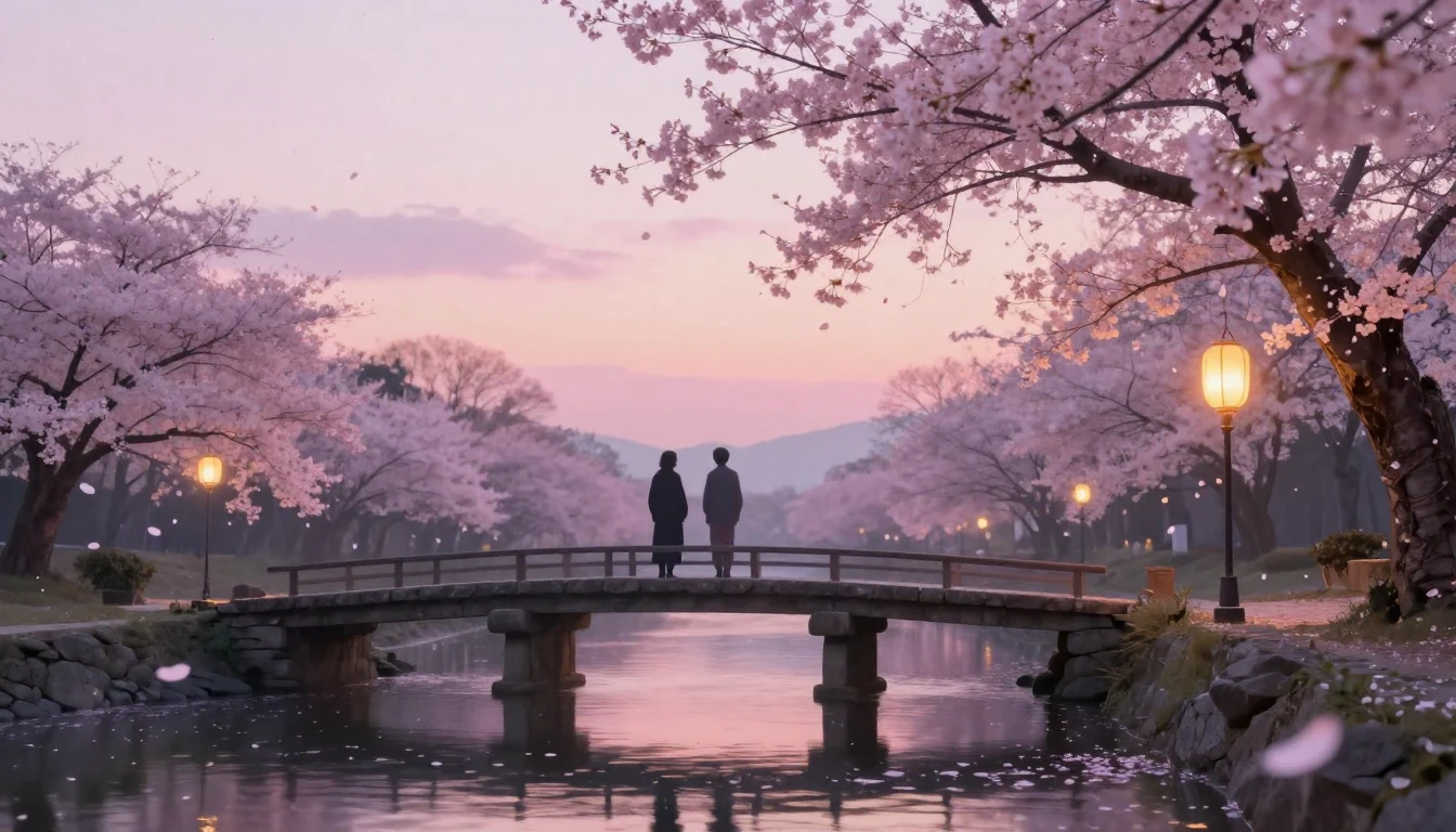 A dreamy and ethereal scene of two silhouettes standing on a...