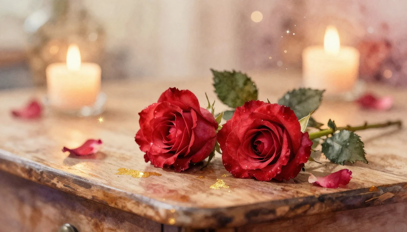 A soft watercolor painting of two delicate red roses resting...