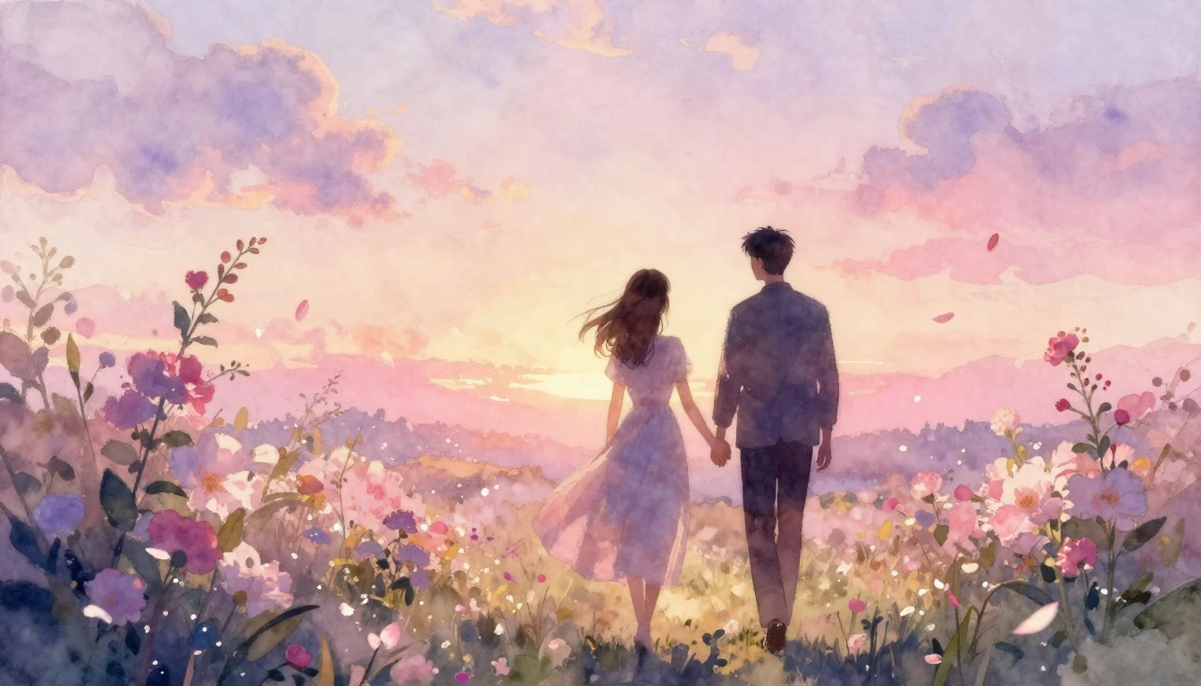 A beautiful watercolor painting of two silhouettes walking h...