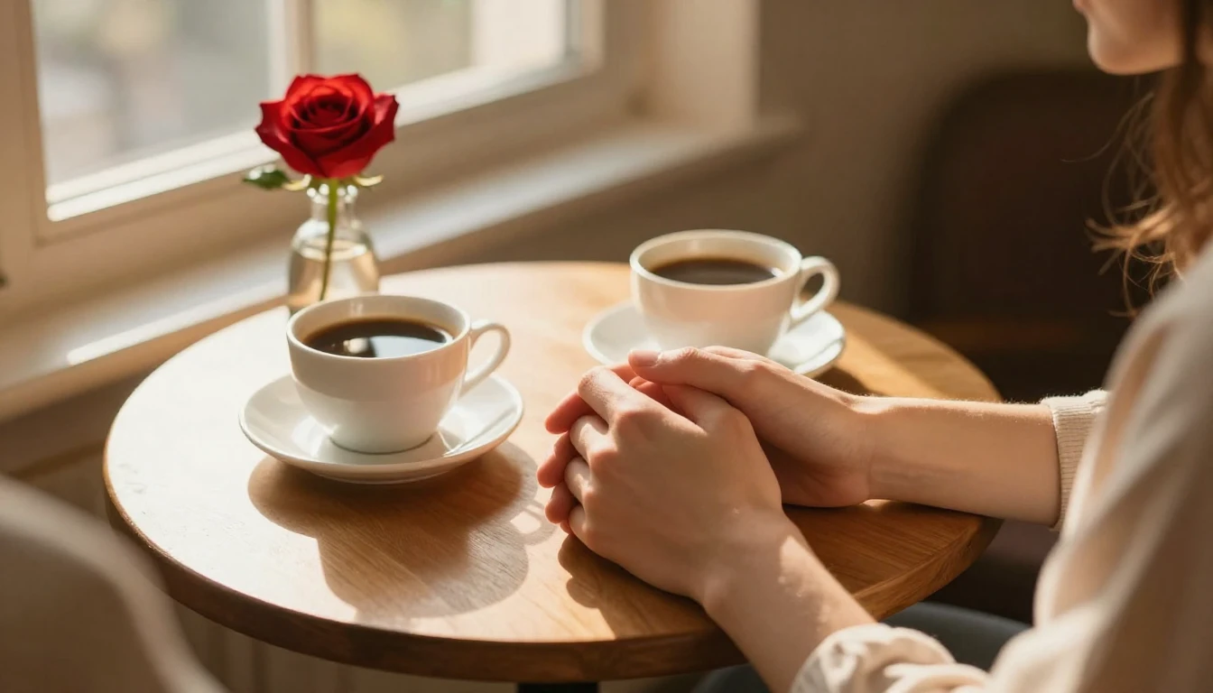 A warm and romantic close-up scene of a couple holding hands...