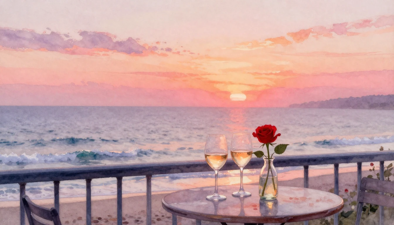 A beautiful watercolor painting of a serene seaside balcony ...