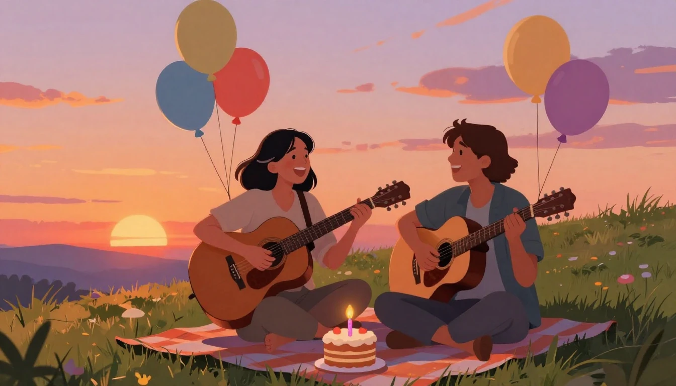 A warm and festive illustration of two friends sitting on a ...