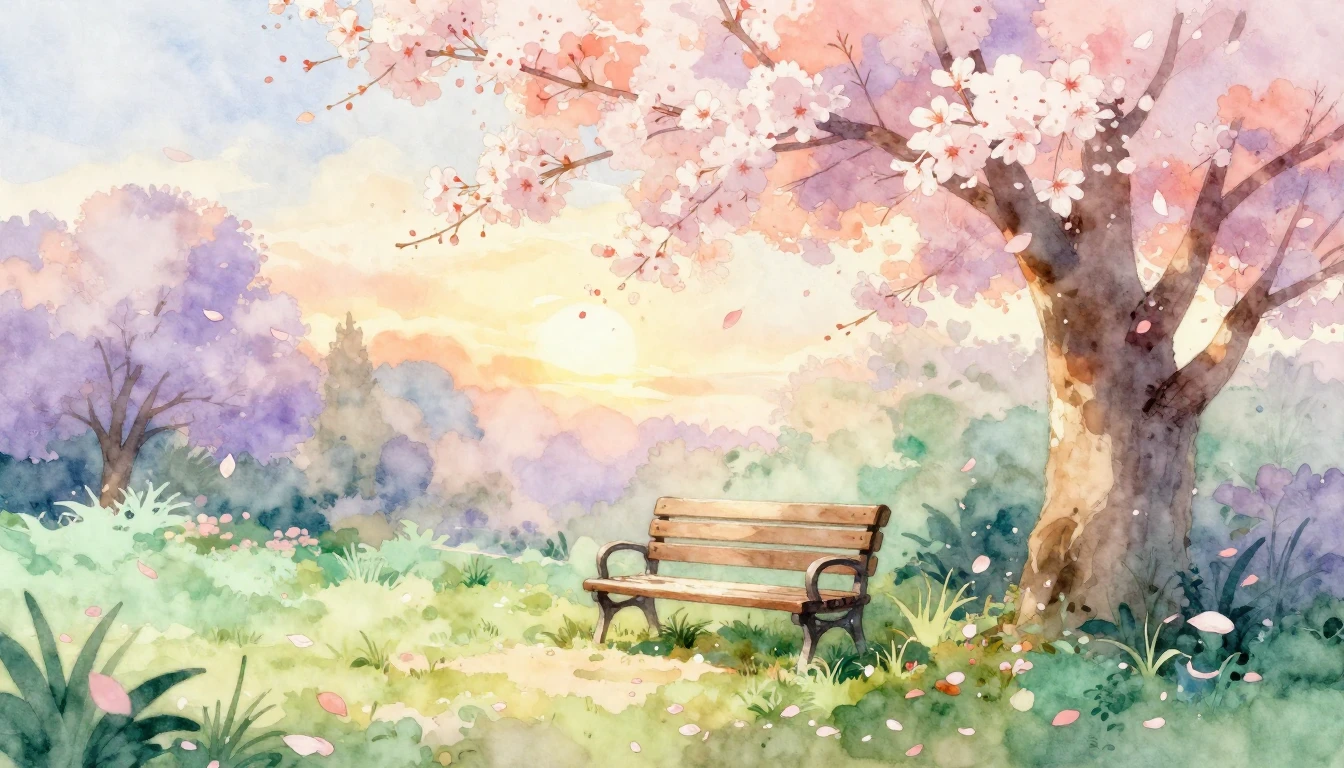 A beautiful watercolor painting of a tranquil garden at suns...