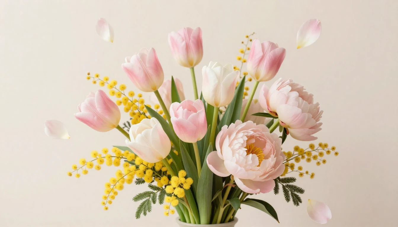 A beautiful bouquet of spring flowers including tulips, mimo...