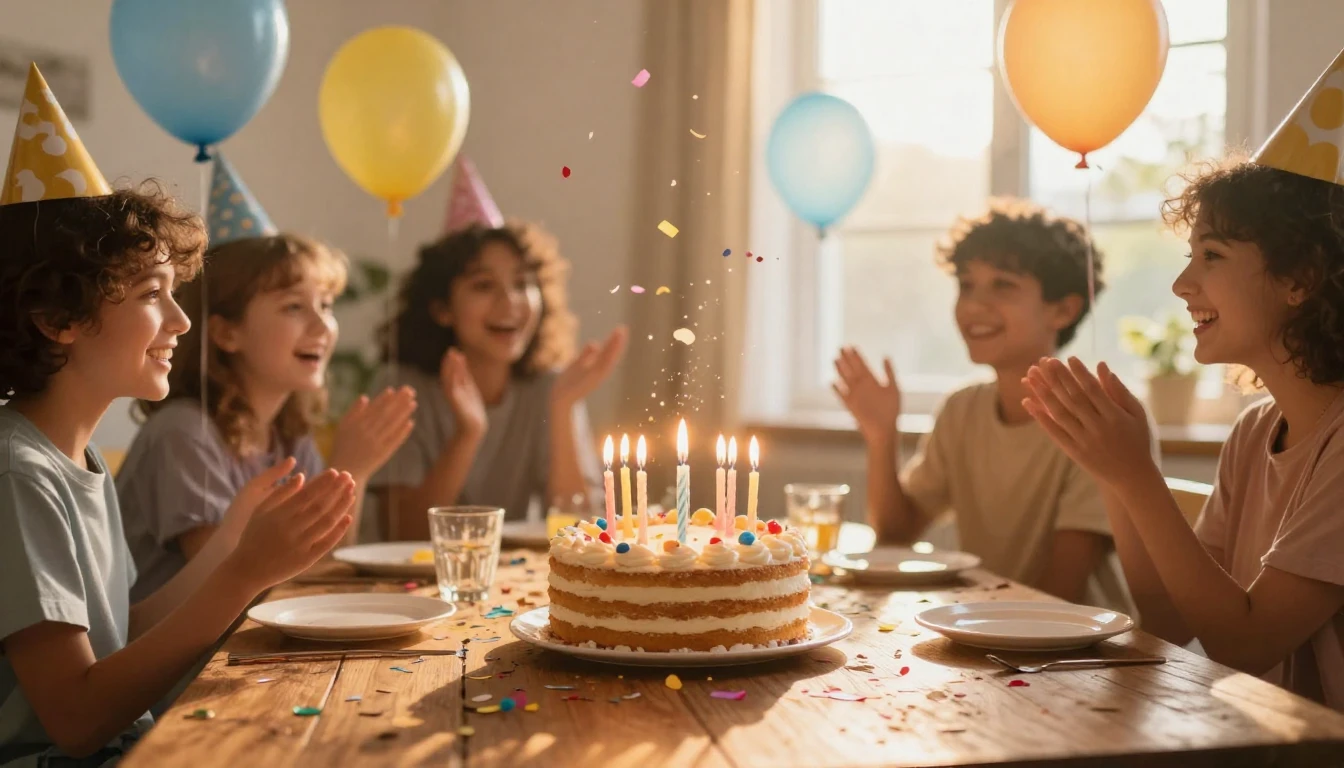 A joyful and warm celebration scene. A beautifully decorated...