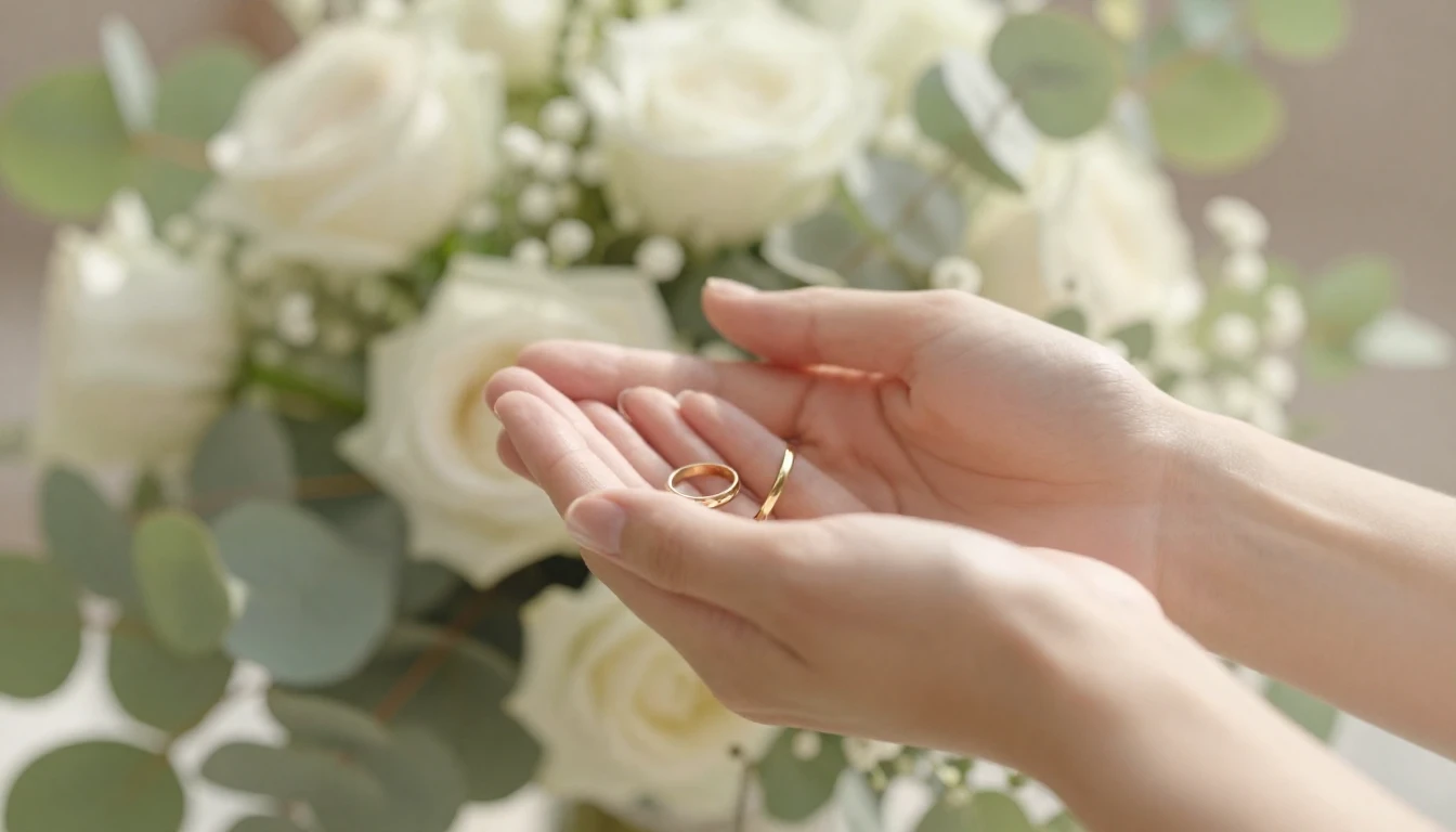 A romantic and dreamy wedding scene, close-up of two hands h...