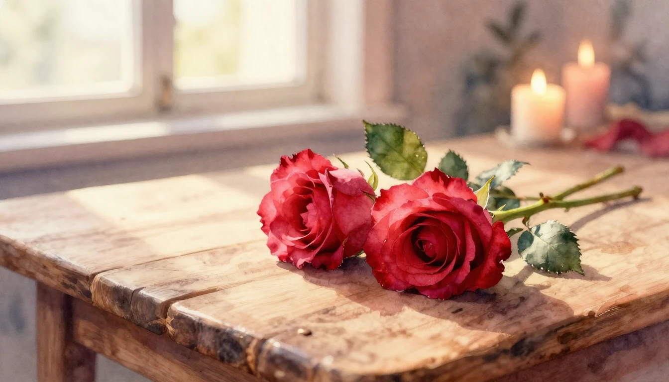 A beautiful watercolor painting of two delicate red roses in...