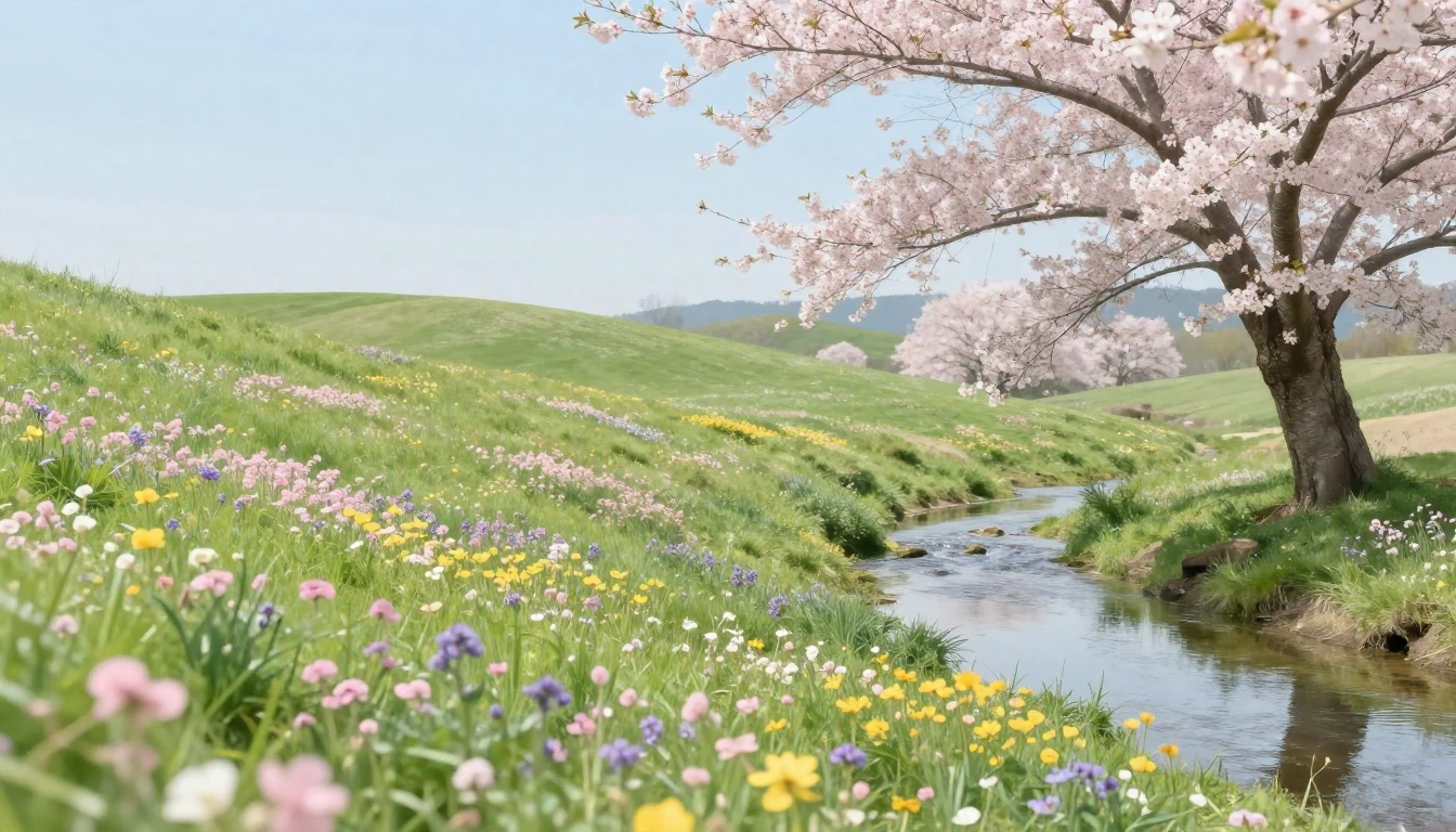 A serene landscape depicting the early arrival of spring. So...