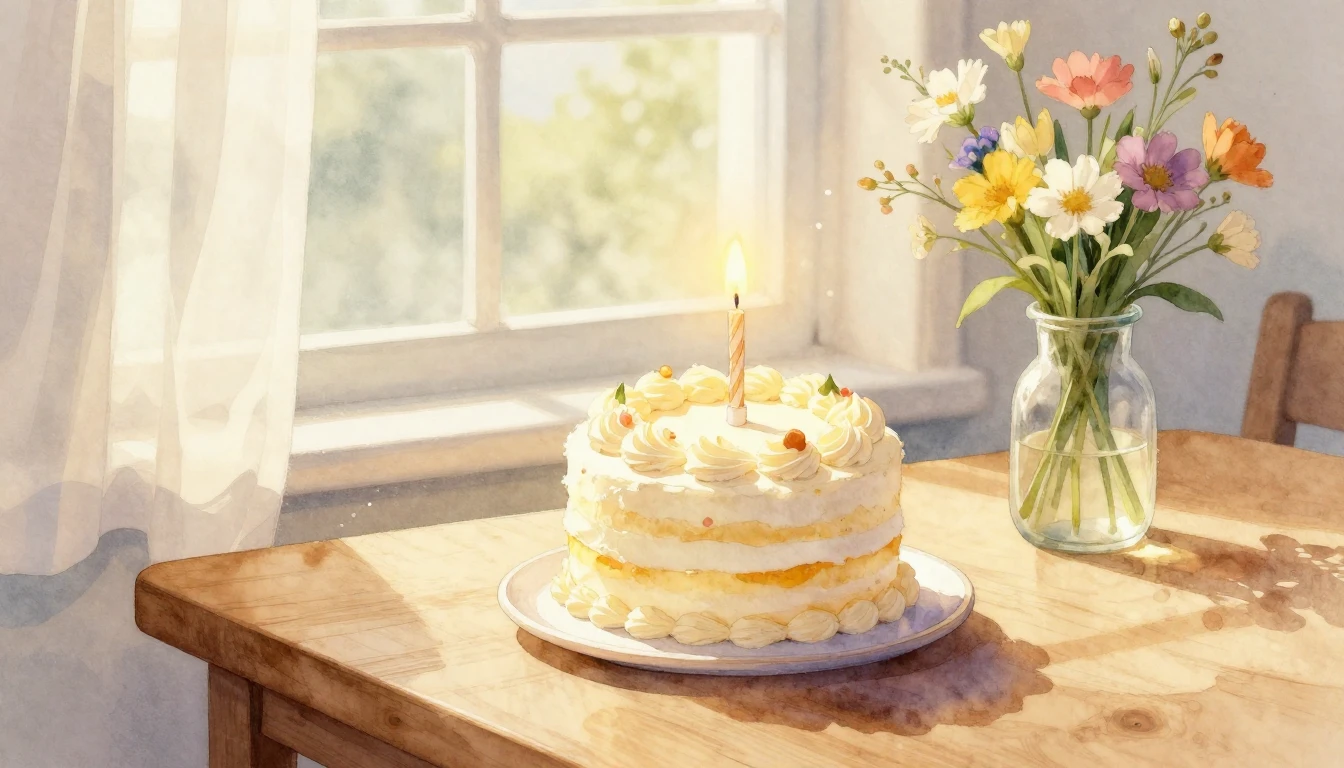 A soft watercolor painting of a small, elegantly decorated b...