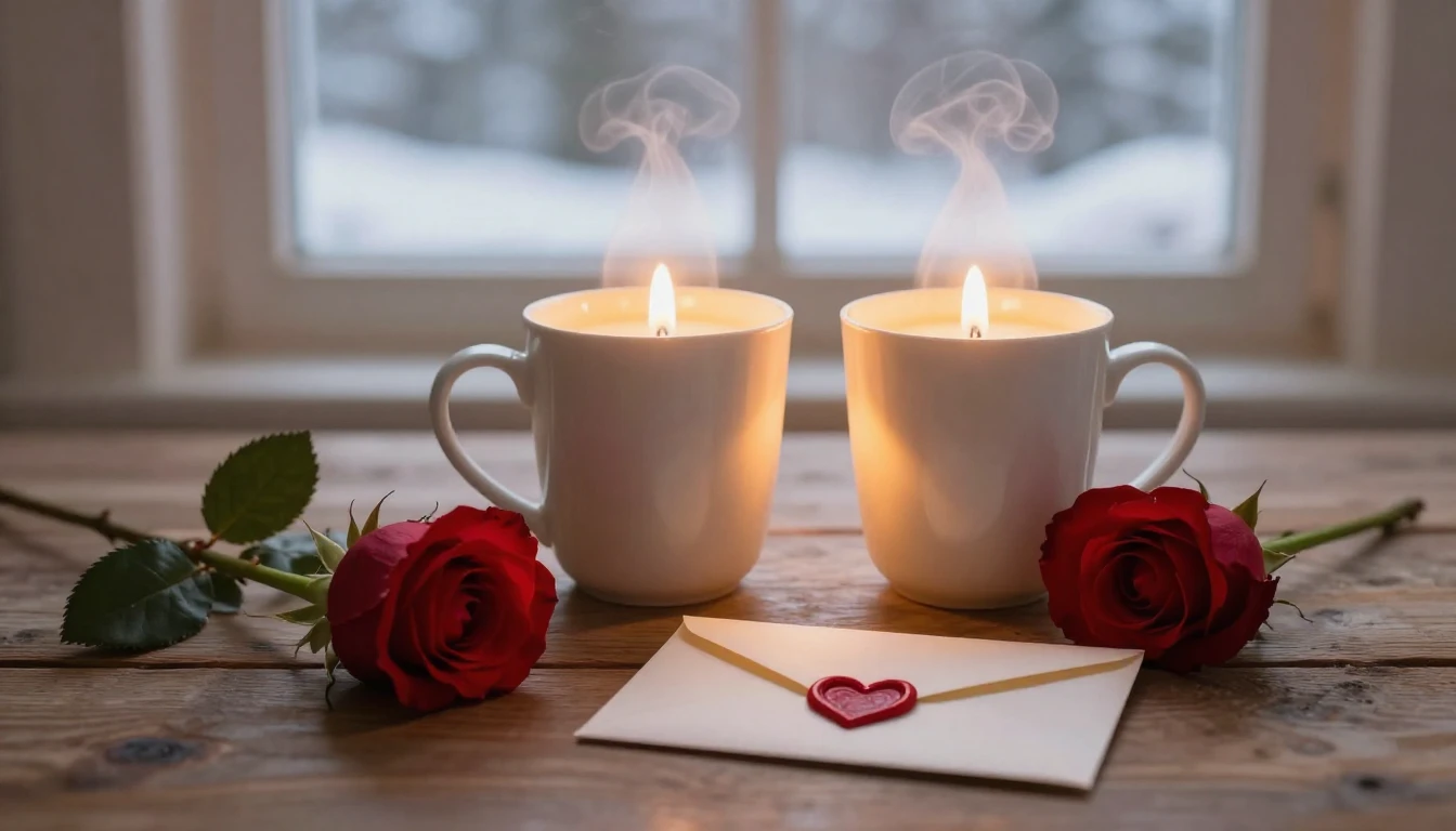 A romantic and cozy still life composition featuring two ste...