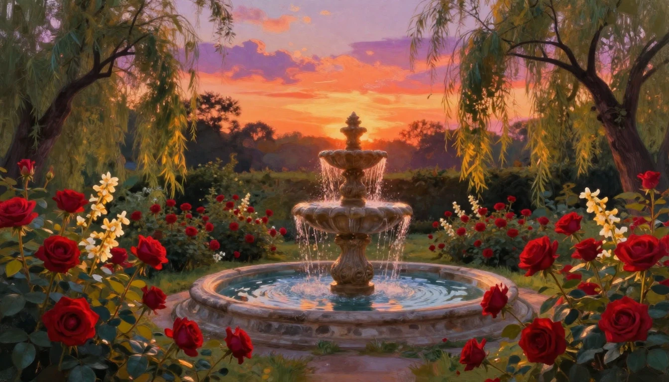 A lush, romantic garden at sunset filled with blooming red r...