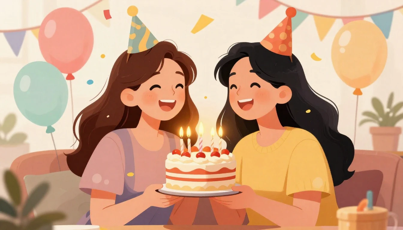 A heartwarming digital illustration of two best friends cele...