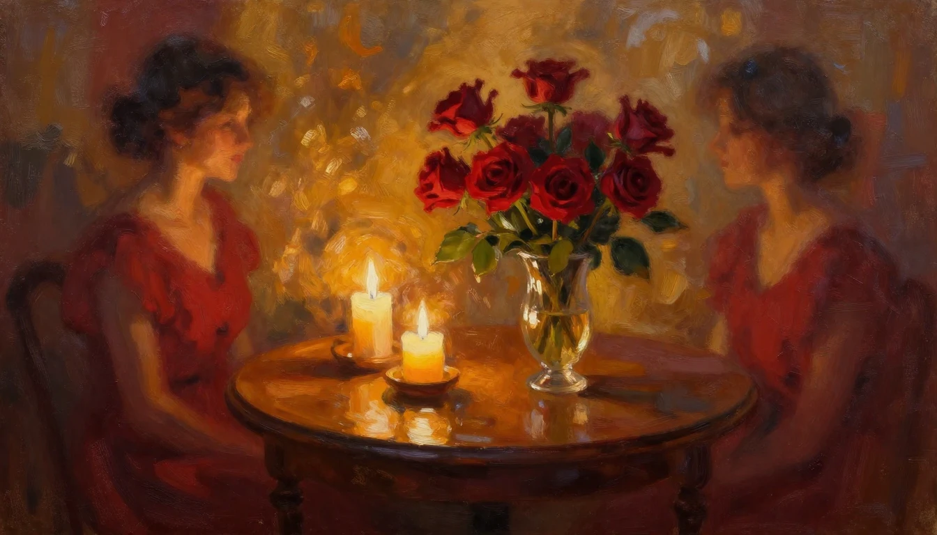 An impressionist oil painting of a romantic evening scene. A...