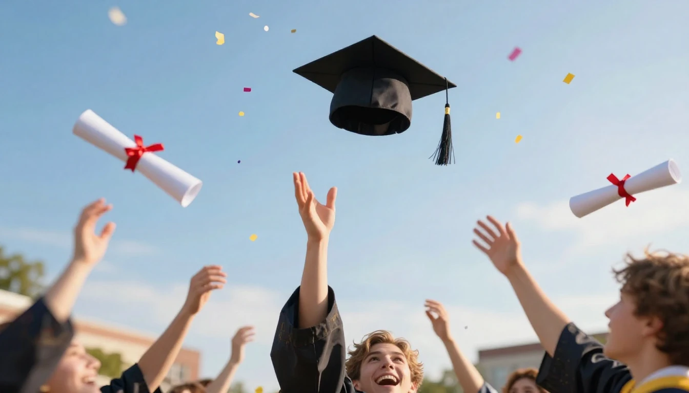 A joyful graduation celebration scene, a black graduation ca...