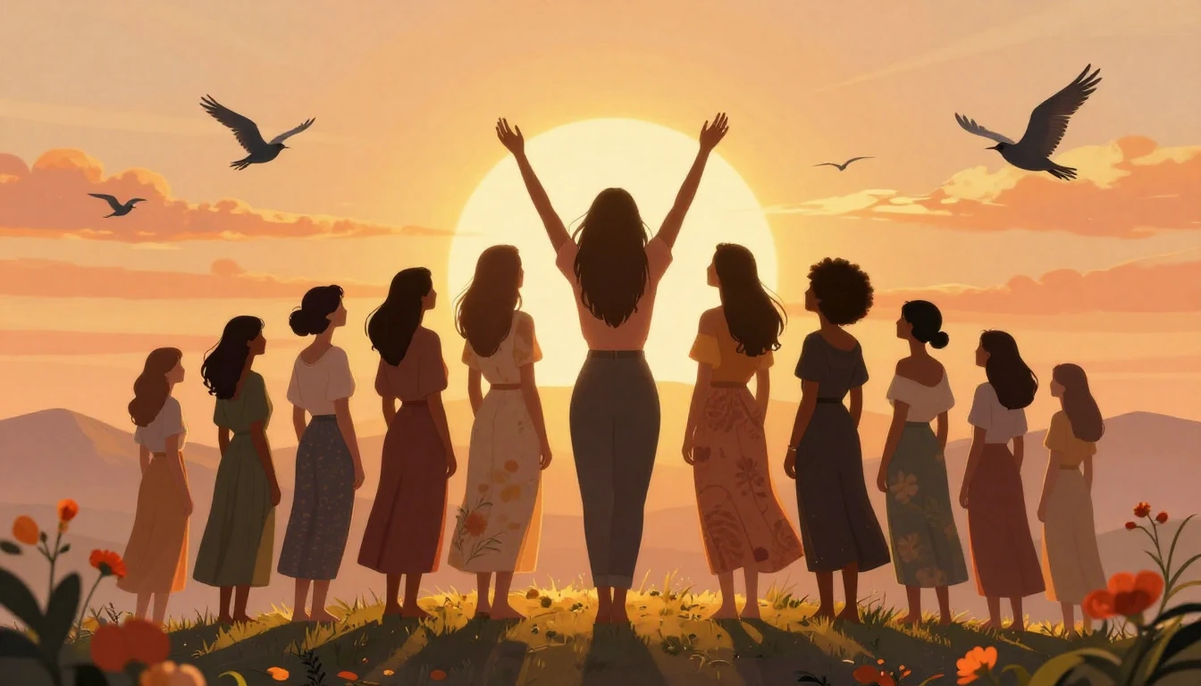 A majestic illustration of a diverse group of women standing...