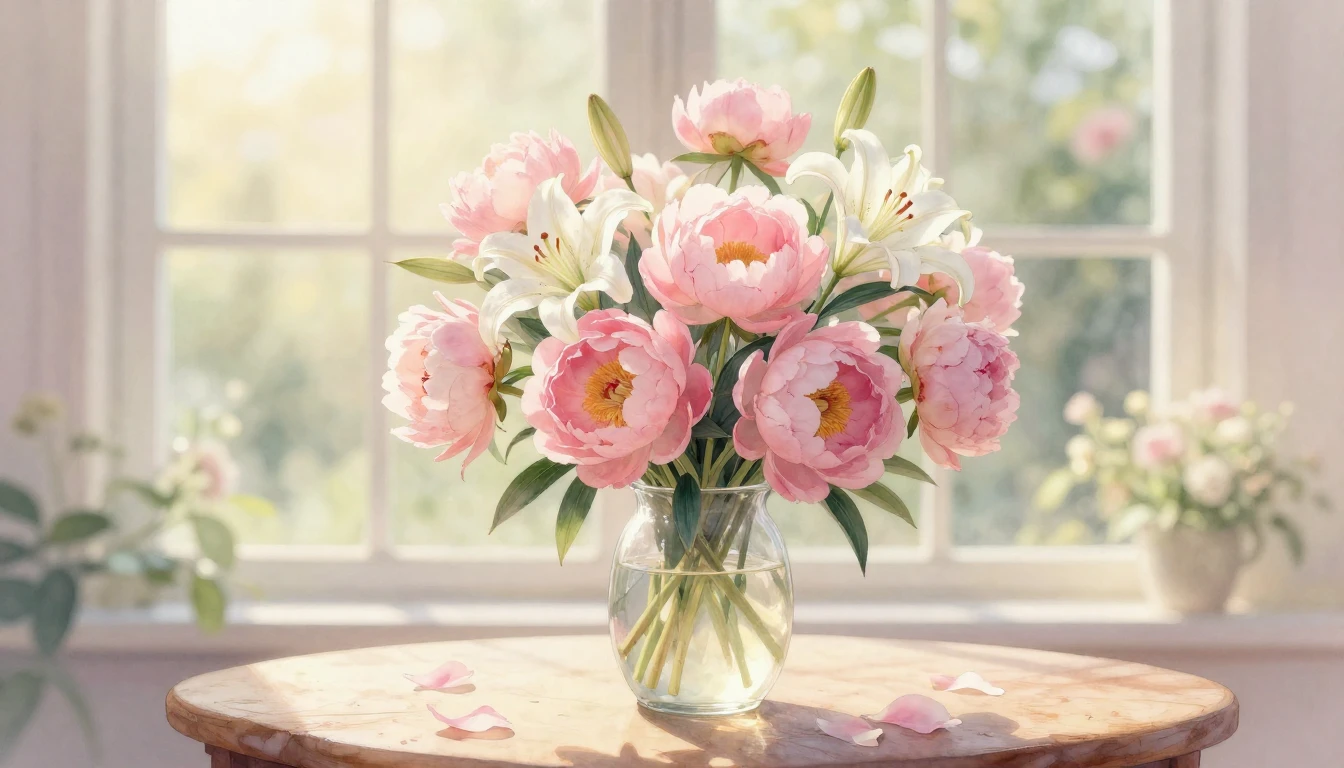 A delicate watercolor painting of a lush bouquet of pink peo...