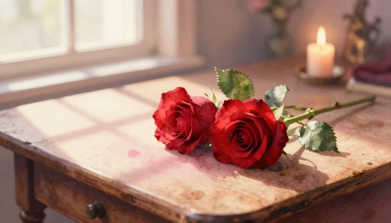 A delicate watercolor painting of two intertwined red roses ...