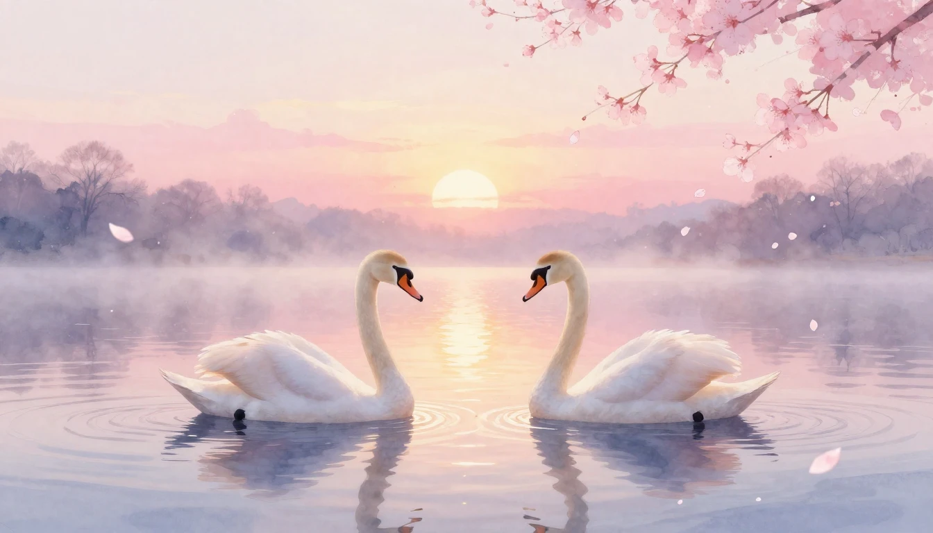 A dreamy watercolor painting of two elegant swans gliding on...