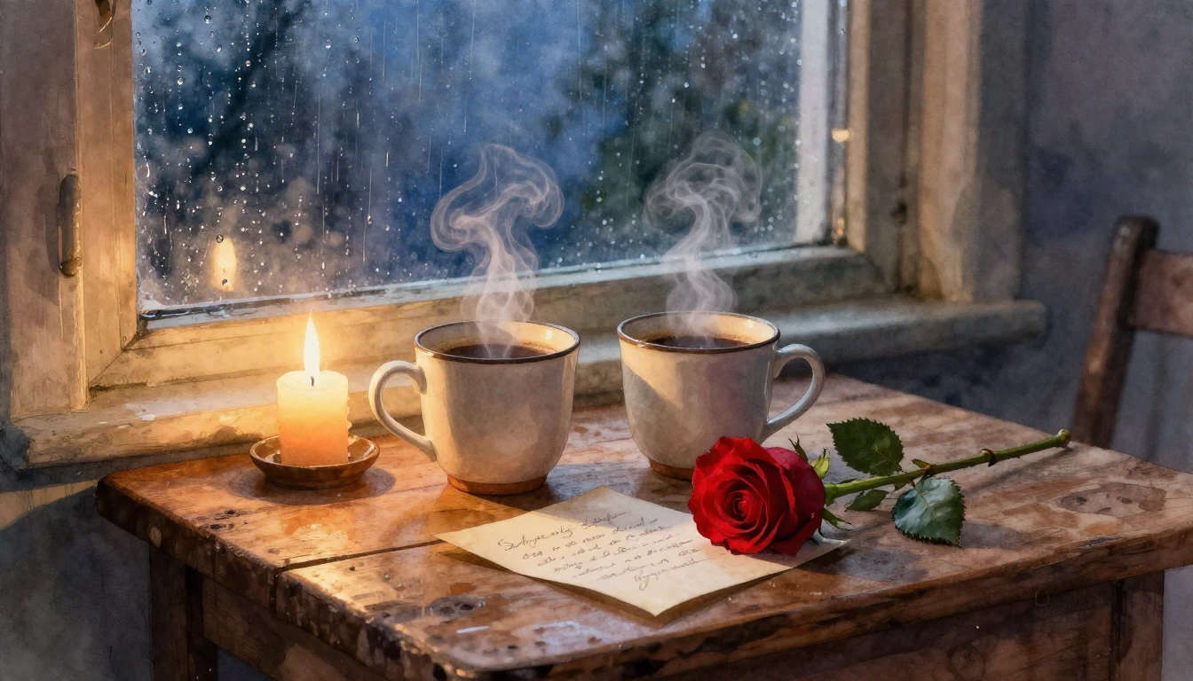 A romantic and cozy still life composition. A rustic wooden ...