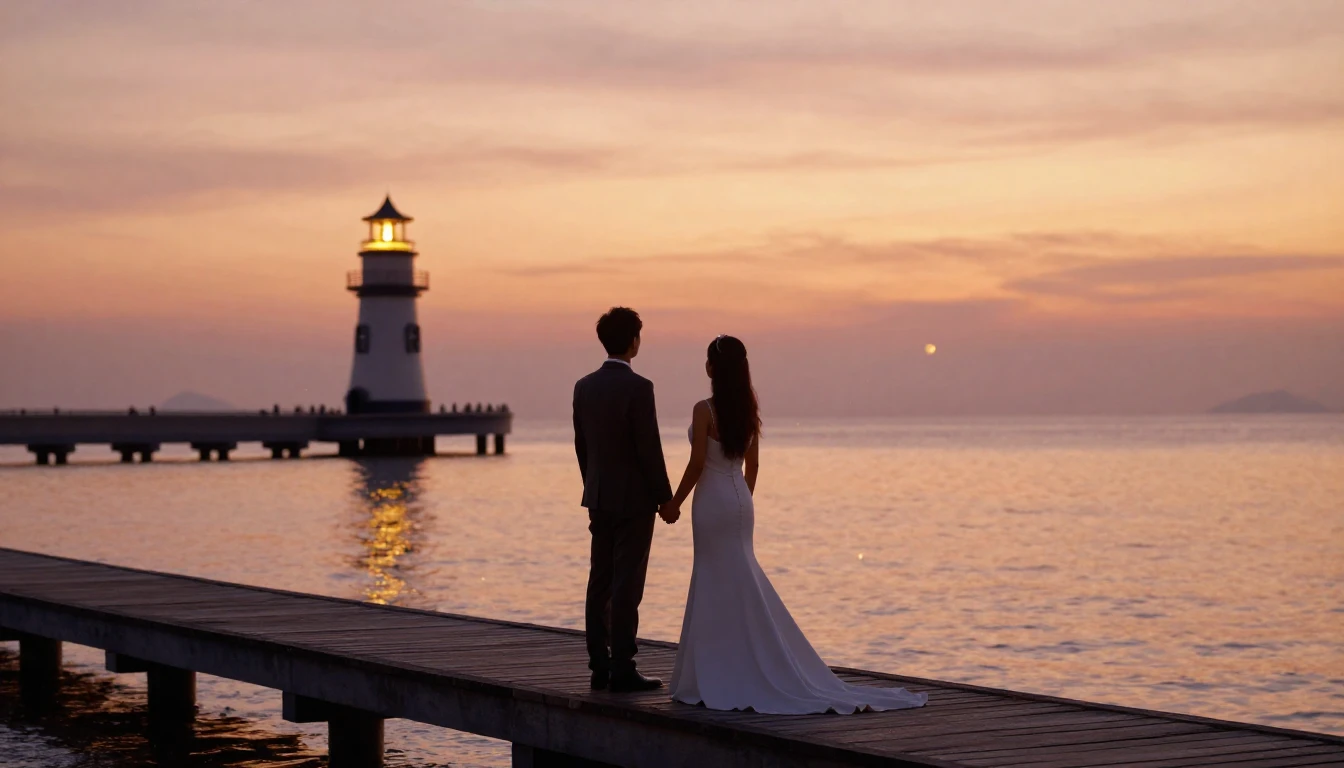 A romantic and atmospheric image of a newlywed couple standi...