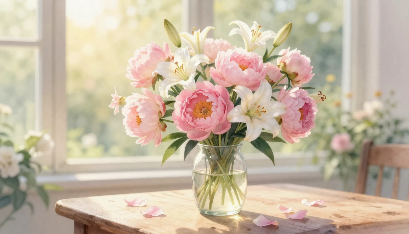 A delicate watercolor painting of a lush bouquet of pink peo...