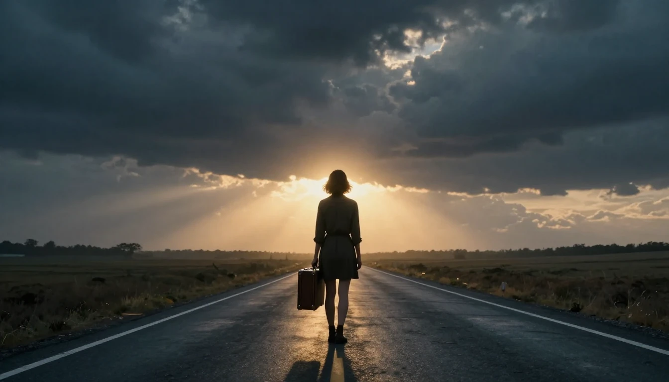A cinematic wide shot of a lone woman standing at the end of...