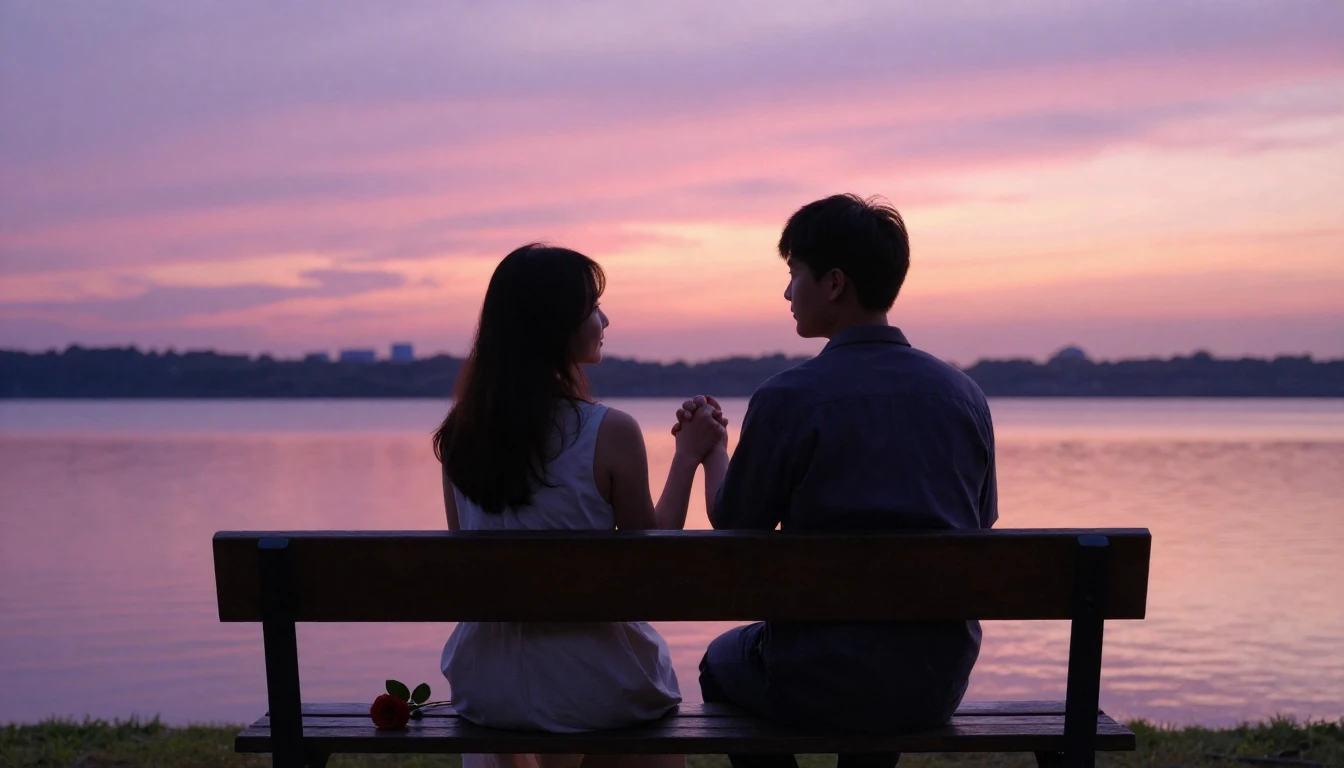 A romantic and dreamy scene featuring a couple sitting close...