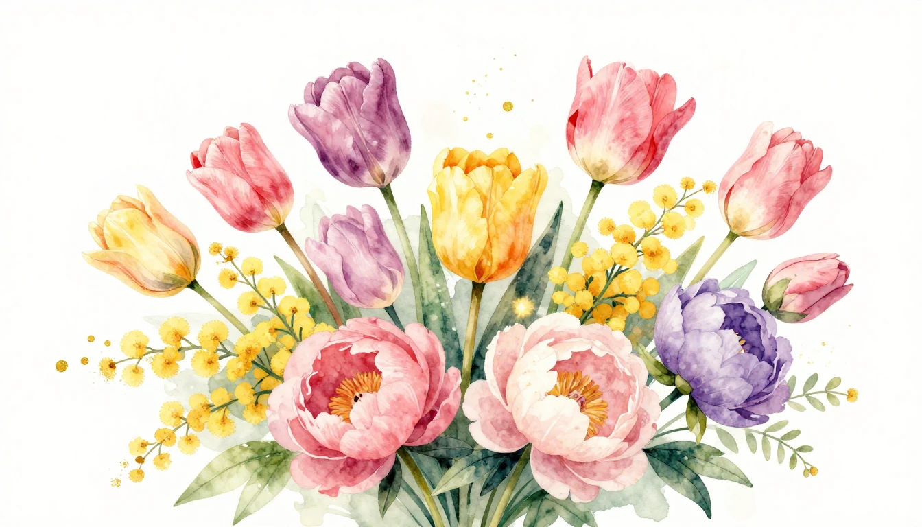 A vibrant and elegant watercolor painting featuring a lush b...