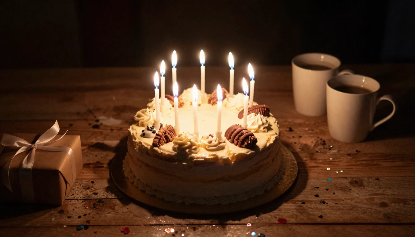 A beautifully decorated birthday cake with glowing candles o...