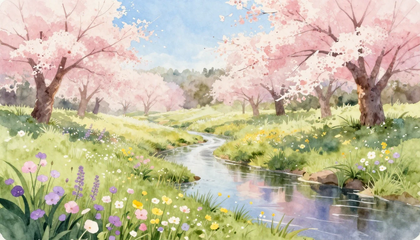 A serene spring landscape in a soft watercolor style. The sc...