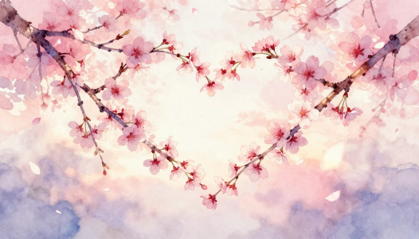 A delicate watercolor painting of two intertwined cherry blo...