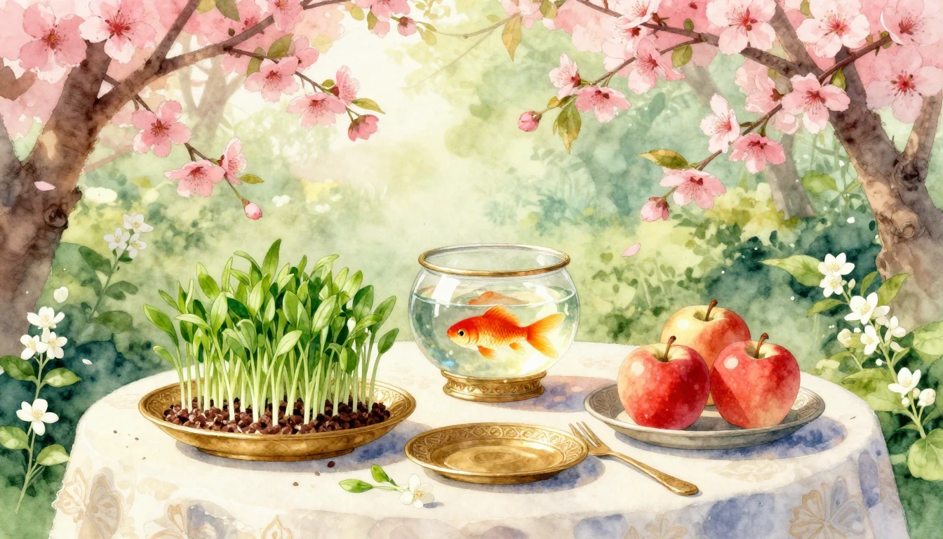 A beautiful watercolor painting of a traditional Haft-Sin ta...