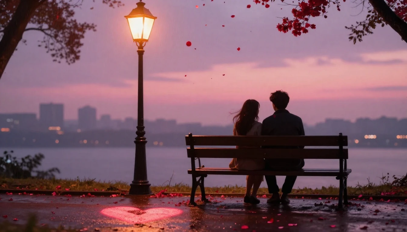 A romantic scene featuring a silhouette of a couple sitting ...